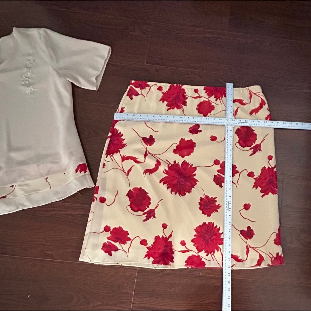 Omega Vintage 2 Piece Set Womens 2X Cream Red Floral Top and Midi Skirt USA - Picture 8 of 12